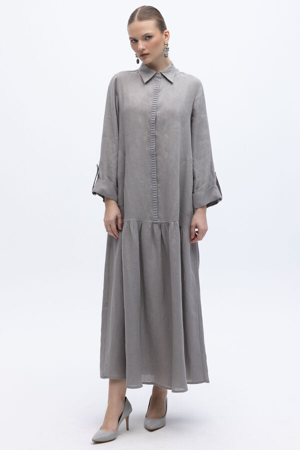 Gömlek Yaka Bekletme Detaylı Keten Elbise Gri - 1