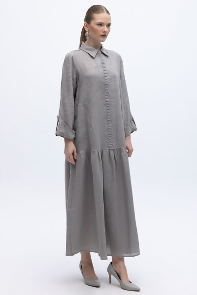 Gömlek Yaka Bekletme Detaylı Keten Elbise Gri - 2