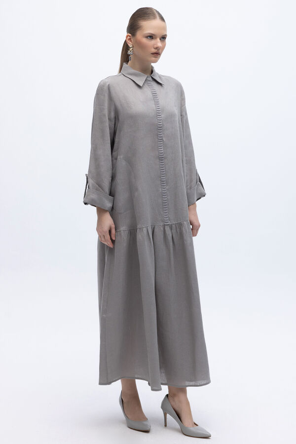 Gömlek Yaka Bekletme Detaylı Keten Elbise Gri - 2