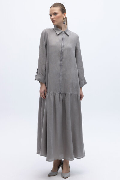 Gömlek Yaka Bekletme Detaylı Keten Elbise Gri - 3
