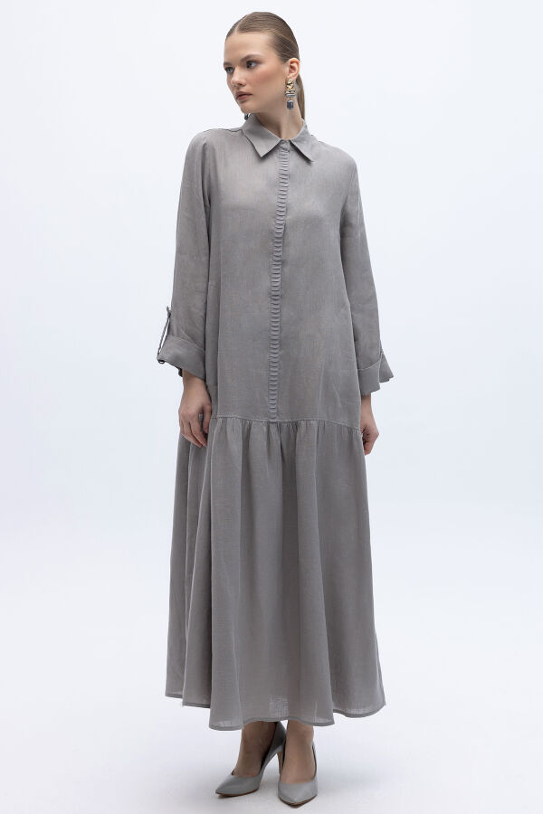 Gömlek Yaka Bekletme Detaylı Keten Elbise Gri - 3