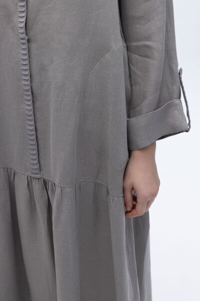 Gömlek Yaka Bekletme Detaylı Keten Elbise Gri - 4