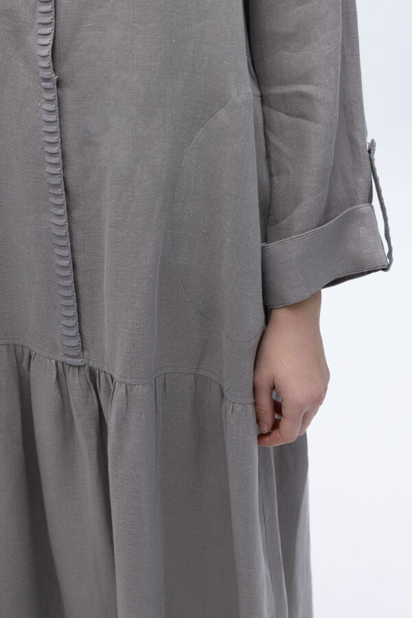 Gömlek Yaka Bekletme Detaylı Keten Elbise Gri - 4