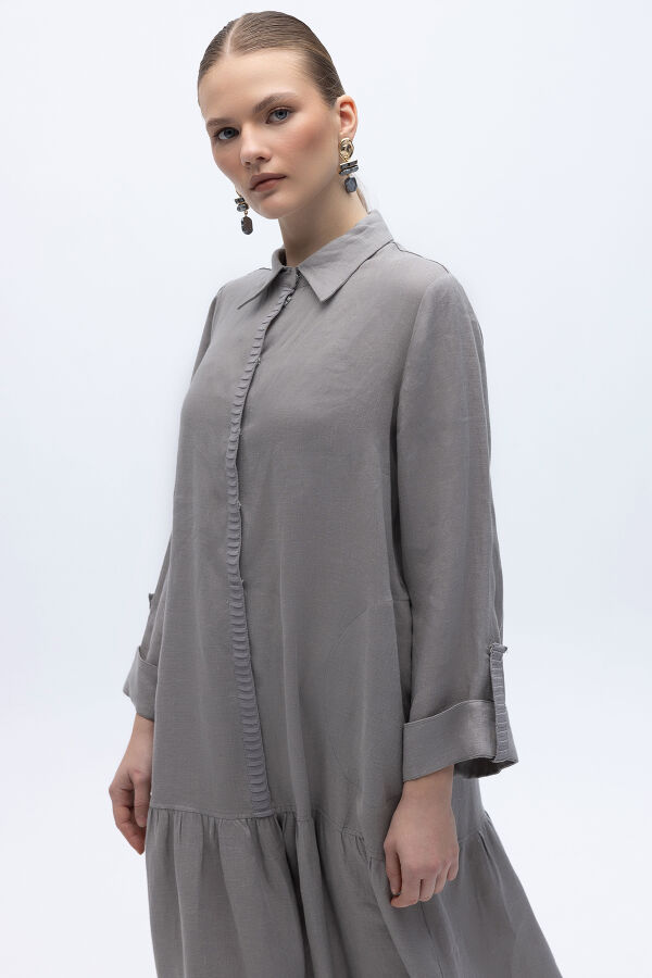 Gömlek Yaka Bekletme Detaylı Keten Elbise Gri - 5