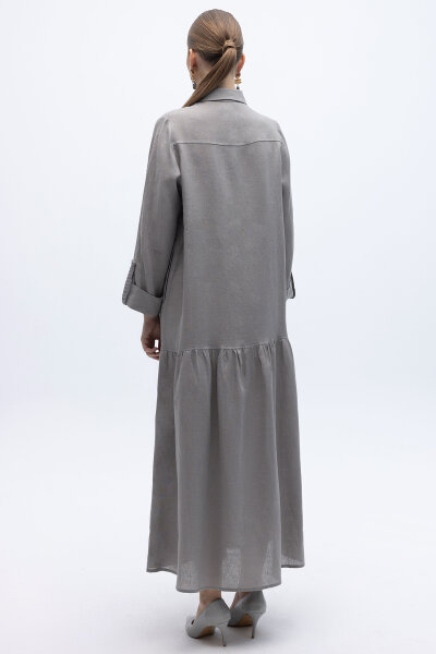 Gömlek Yaka Bekletme Detaylı Keten Elbise Gri - 6