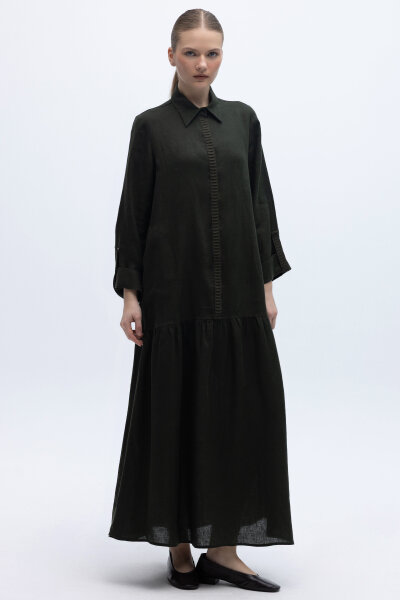 Gömlek Yaka Bekletme Detaylı Keten Elbise Haki 