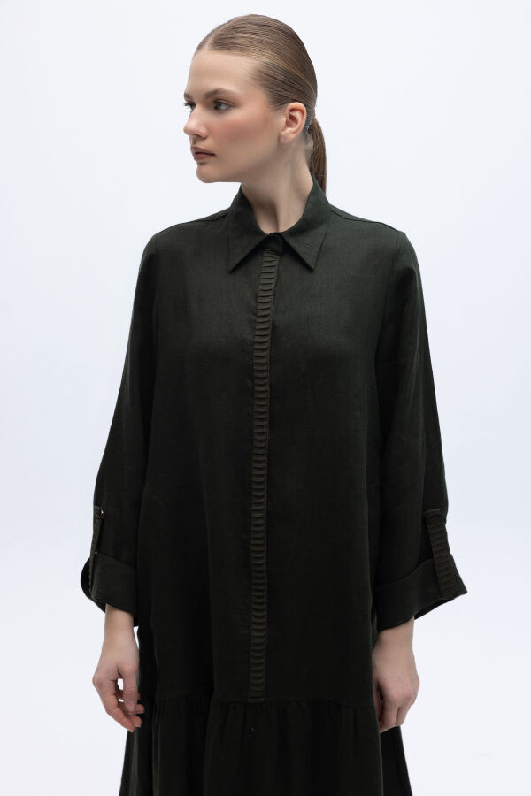 Gömlek Yaka Bekletme Detaylı Keten Elbise Haki - 2