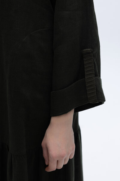 Gömlek Yaka Bekletme Detaylı Keten Elbise Haki - 3