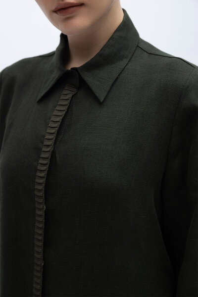 Gömlek Yaka Bekletme Detaylı Keten Elbise Haki - 4