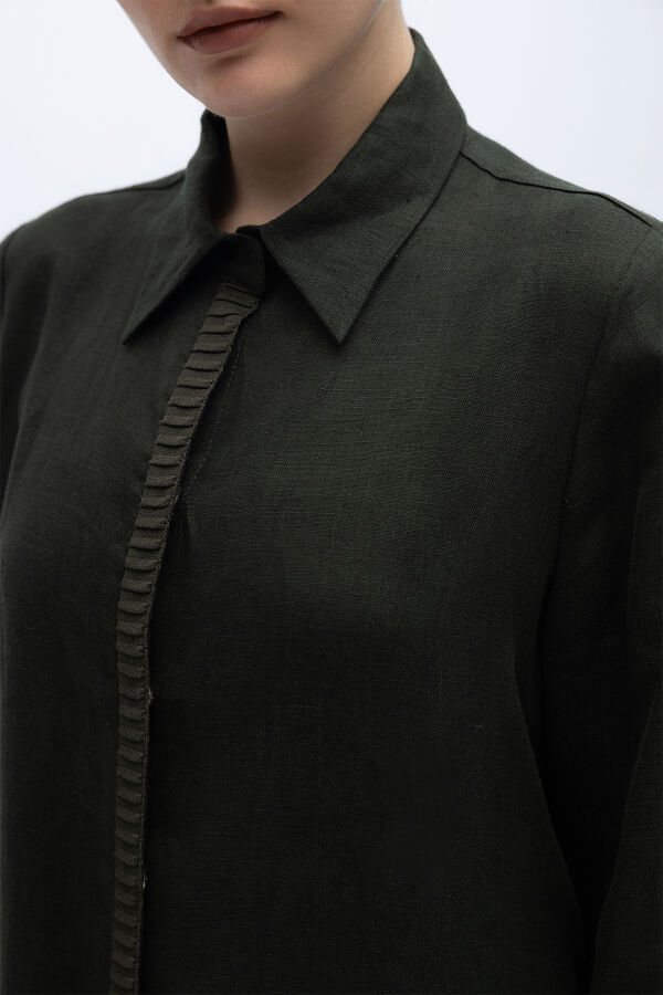 Gömlek Yaka Bekletme Detaylı Keten Elbise Haki - 4