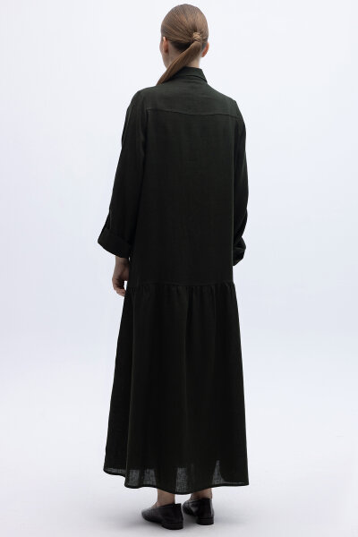 Gömlek Yaka Bekletme Detaylı Keten Elbise Haki - 5