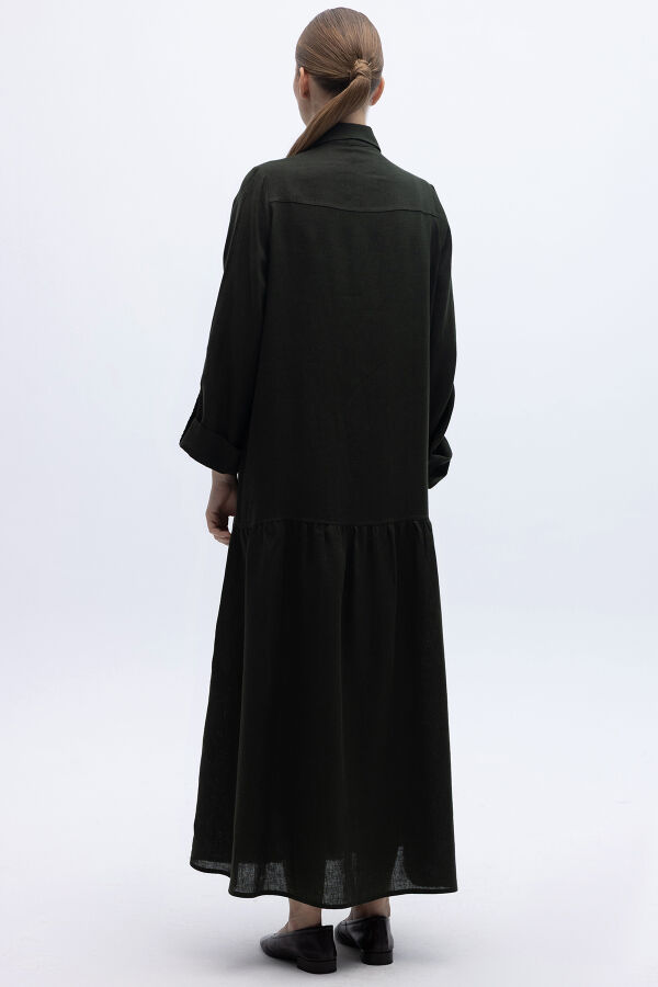 Gömlek Yaka Bekletme Detaylı Keten Elbise Haki - 5