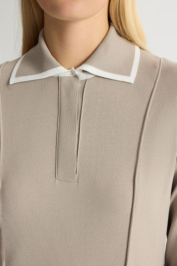 Gömlek Yaka Cep Detaylı Triko Elbise Stone - 3