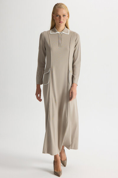 Gömlek Yaka Cep Detaylı Triko Elbise Stone 