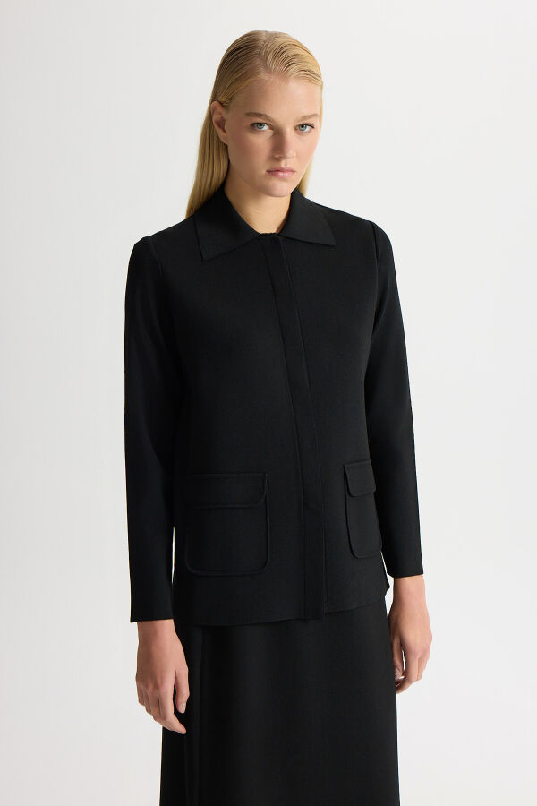 Elegant Shirt Collar Jacket with Pockets - 1
