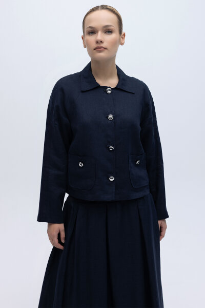 Gömlek Yaka Cepli Keten Ceket Siyah - 1