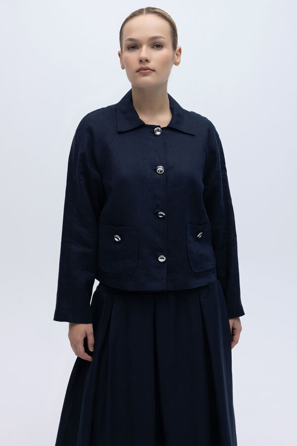 Gömlek Yaka Cepli Keten Ceket Siyah - 1