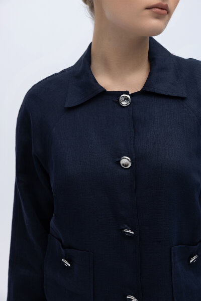 Gömlek Yaka Cepli Keten Ceket Siyah - 2