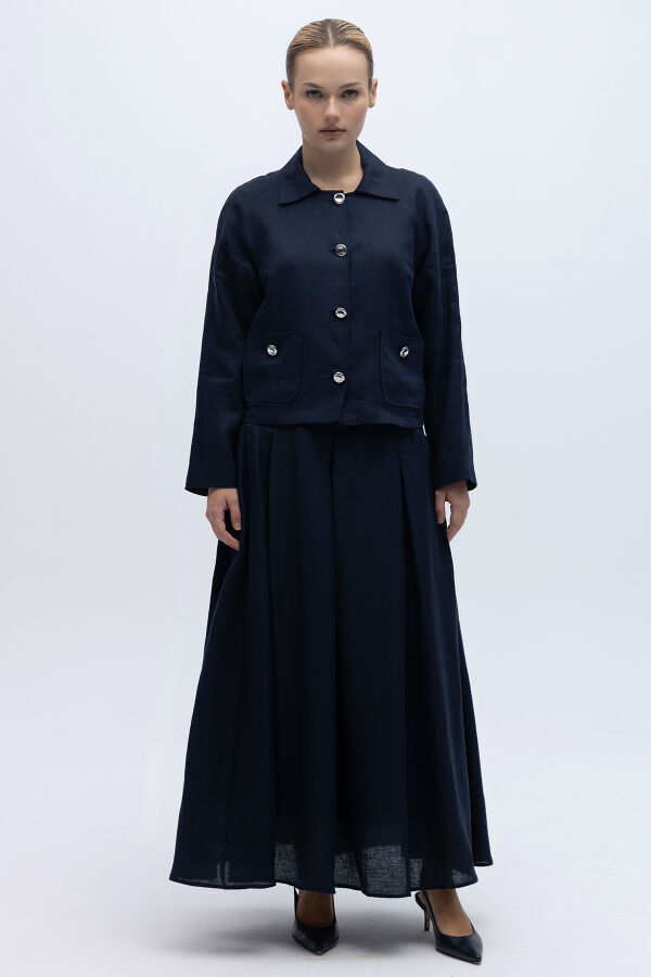 Gömlek Yaka Cepli Keten Ceket Siyah - 4