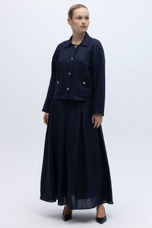 Gömlek Yaka Cepli Keten Ceket Siyah - 5