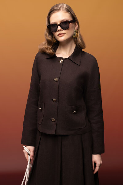 Gömlek Yaka Cepli Keten Ceket Kahverengi 