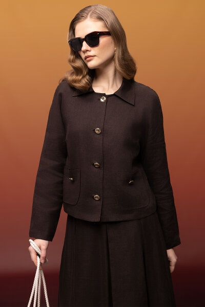 Gömlek Yaka Cepli Keten Ceket Kahverengi - 2