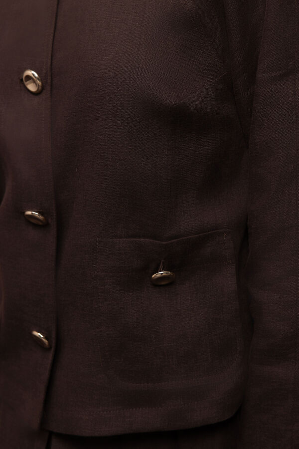 Gömlek Yaka Cepli Keten Ceket Kahverengi - 3