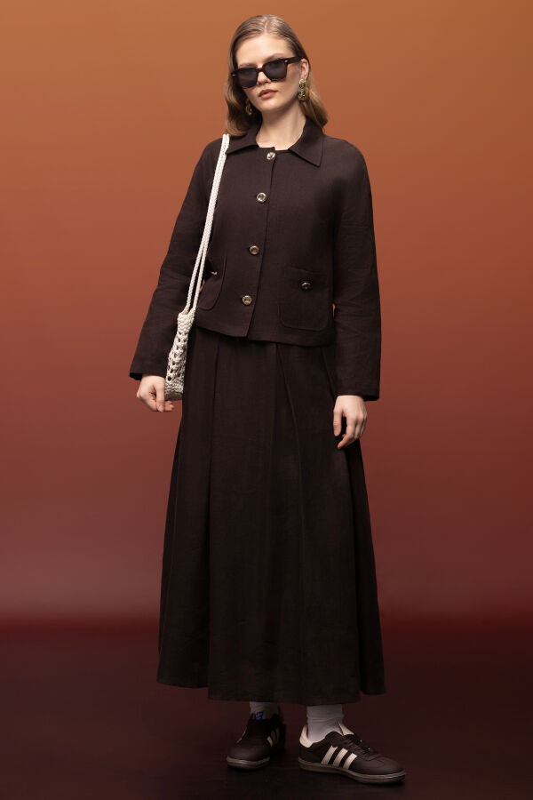 Gömlek Yaka Cepli Keten Ceket Kahverengi - 5