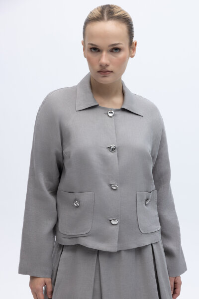 Gömlek Yaka Cepli Keten Ceket Gri - MISS DALIDA