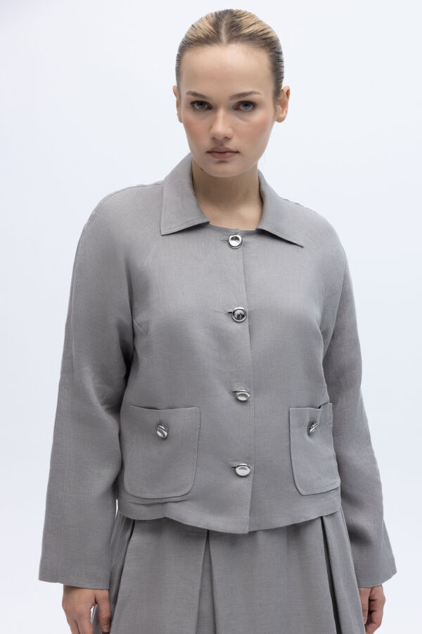 Gömlek Yaka Cepli Keten Ceket Gri - 1