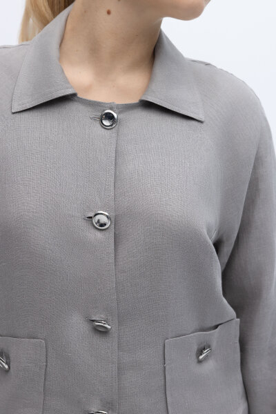 Gömlek Yaka Cepli Keten Ceket Gri - MISS DALIDA (1)