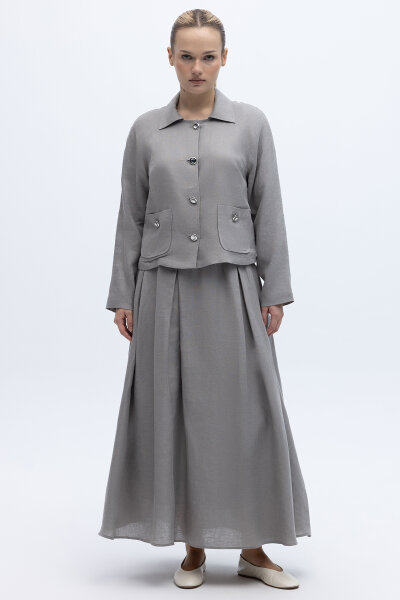 Gömlek Yaka Cepli Keten Ceket Gri - 4