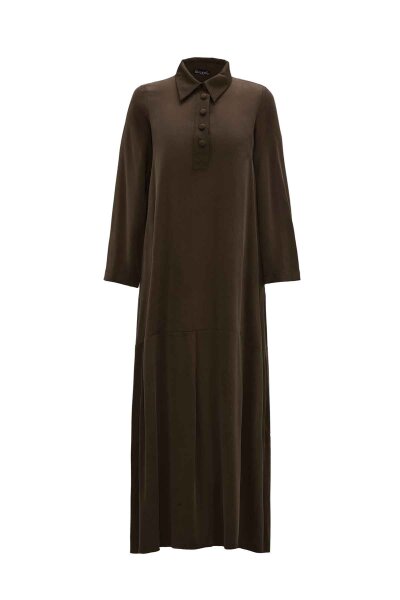 T26K-4002 Gömlek Yaka Cupro Elbise TAUPE - 1