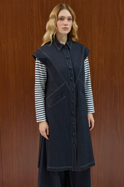 Gömlek Yaka Denim Yelek Siyah - MISS DALIDA (1)