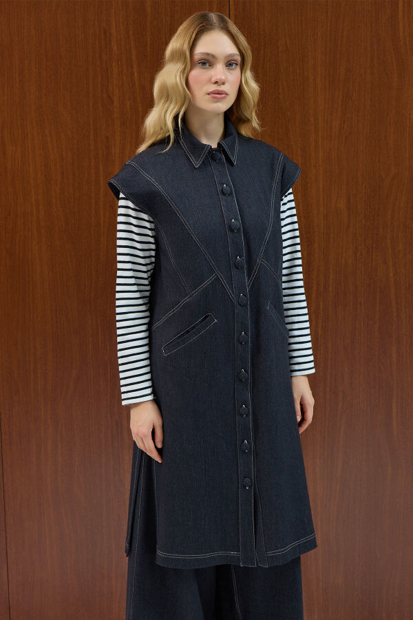 Gömlek Yaka Denim Yelek Siyah - 2