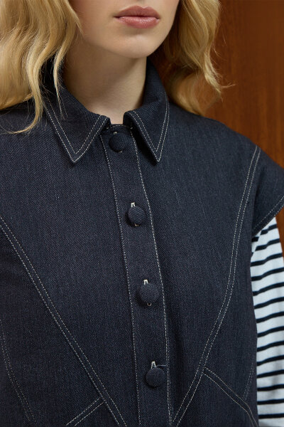 Gömlek Yaka Denim Yelek Siyah - 3