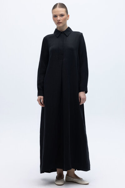 Gömlek Yaka İpek Keten Uzun Elbise Siyah - 1