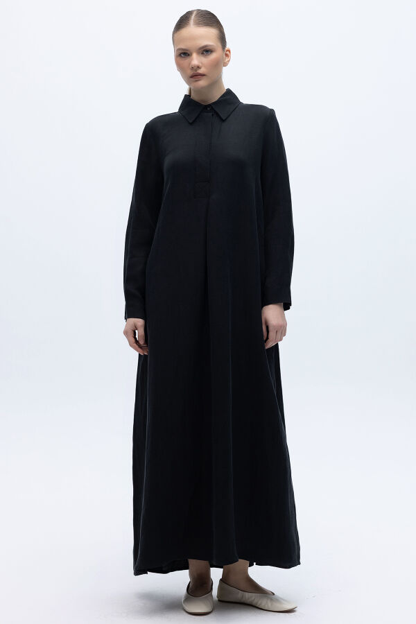 Gömlek Yaka İpek Keten Uzun Elbise Siyah - 1