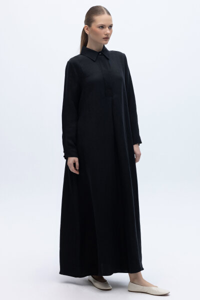 Gömlek Yaka İpek Keten Uzun Elbise Siyah - 2