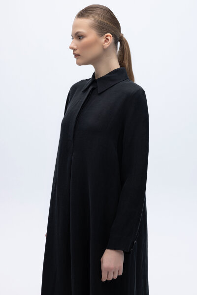 Gömlek Yaka İpek Keten Uzun Elbise Siyah - 3