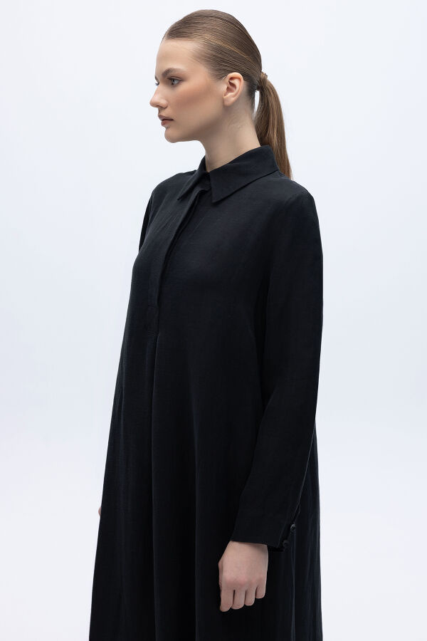 Gömlek Yaka İpek Keten Uzun Elbise Siyah - 3