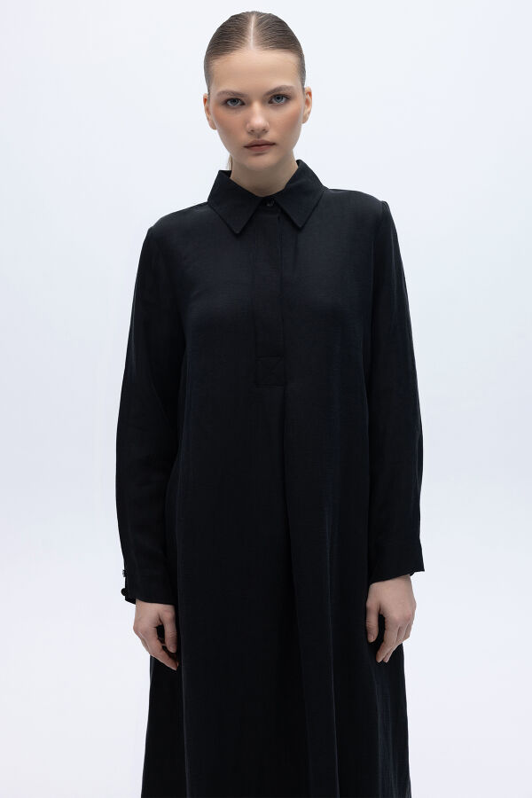 Gömlek Yaka İpek Keten Uzun Elbise Siyah - 4