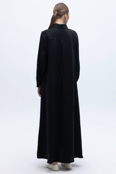 Gömlek Yaka İpek Keten Uzun Elbise Siyah - 5