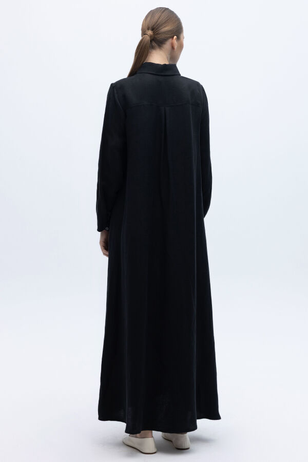 Gömlek Yaka İpek Keten Uzun Elbise Siyah - 5