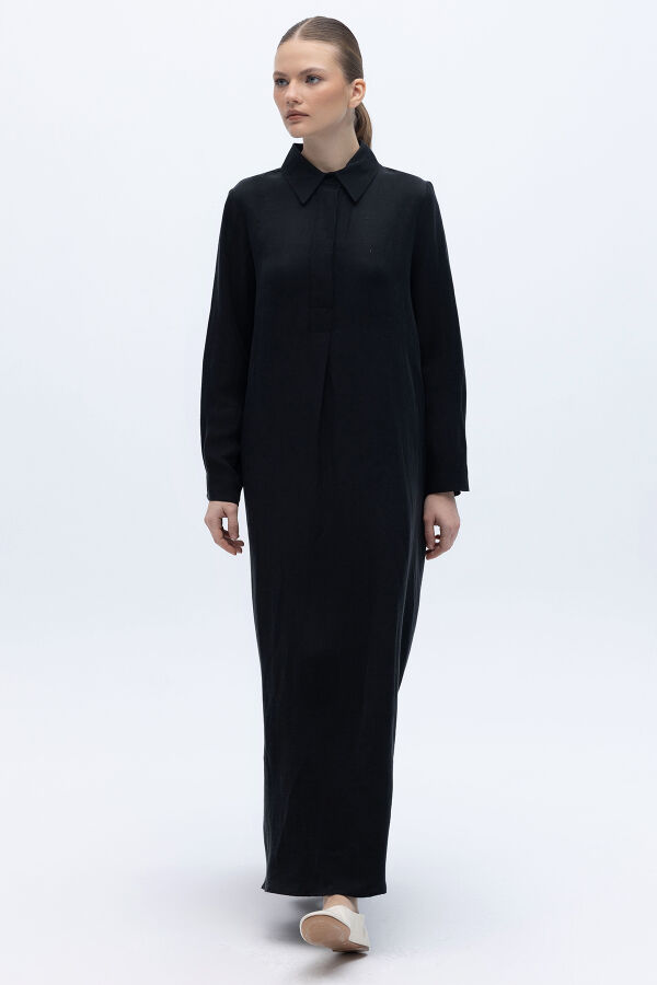 Gömlek Yaka İpek Keten Uzun Elbise Siyah - 6