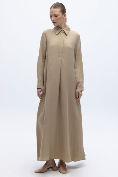 Gömlek Yaka İpek Keten Uzun Elbise Mink 