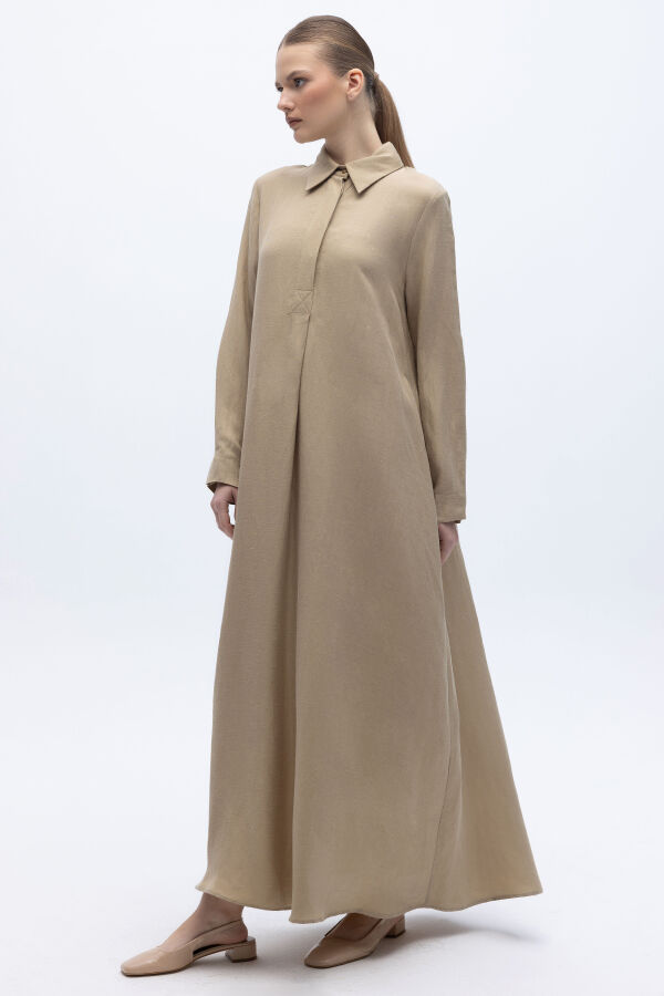 Gömlek Yaka İpek Keten Uzun Elbise Mink - 2