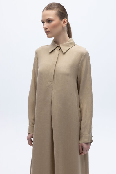 Gömlek Yaka İpek Keten Uzun Elbise Mink - 3
