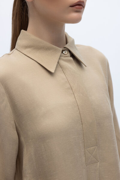 Gömlek Yaka İpek Keten Uzun Elbise Mink - 4