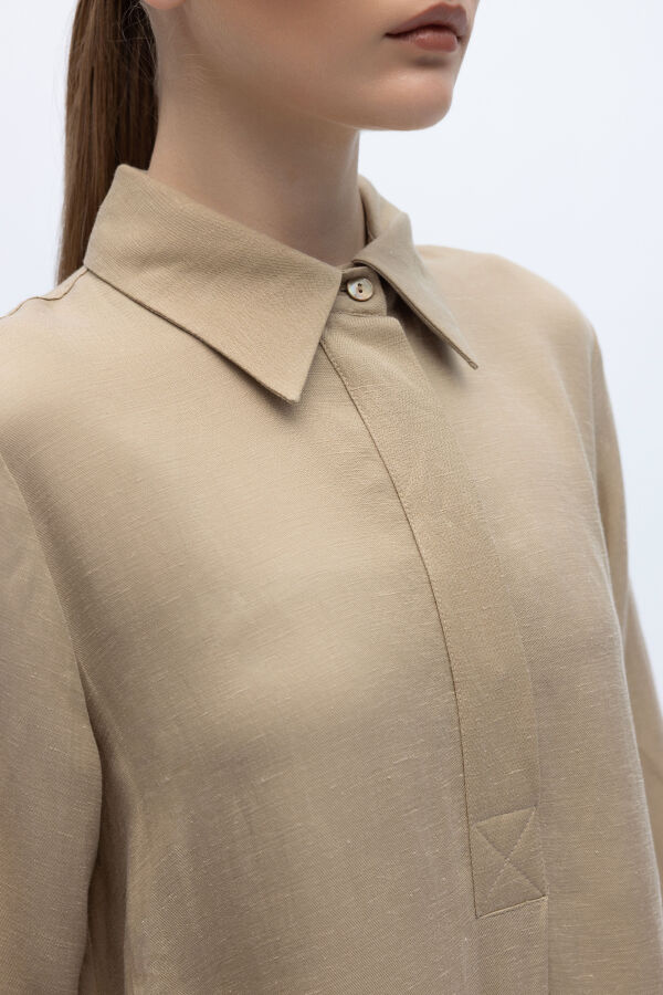 Gömlek Yaka İpek Keten Uzun Elbise Mink - 4